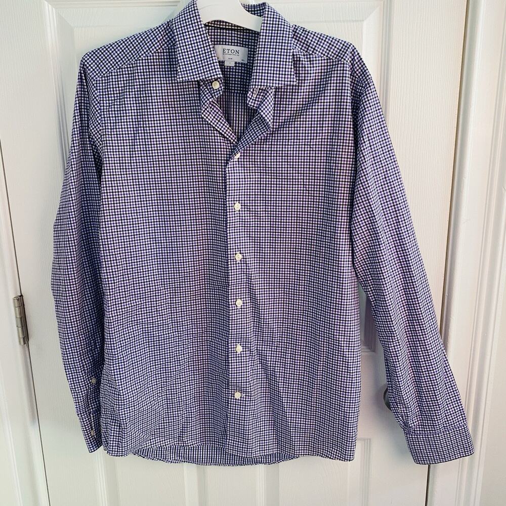 ETON Contemporary Dress Shirt Mens Size Large 16.5 Casual Purple Check Cotton